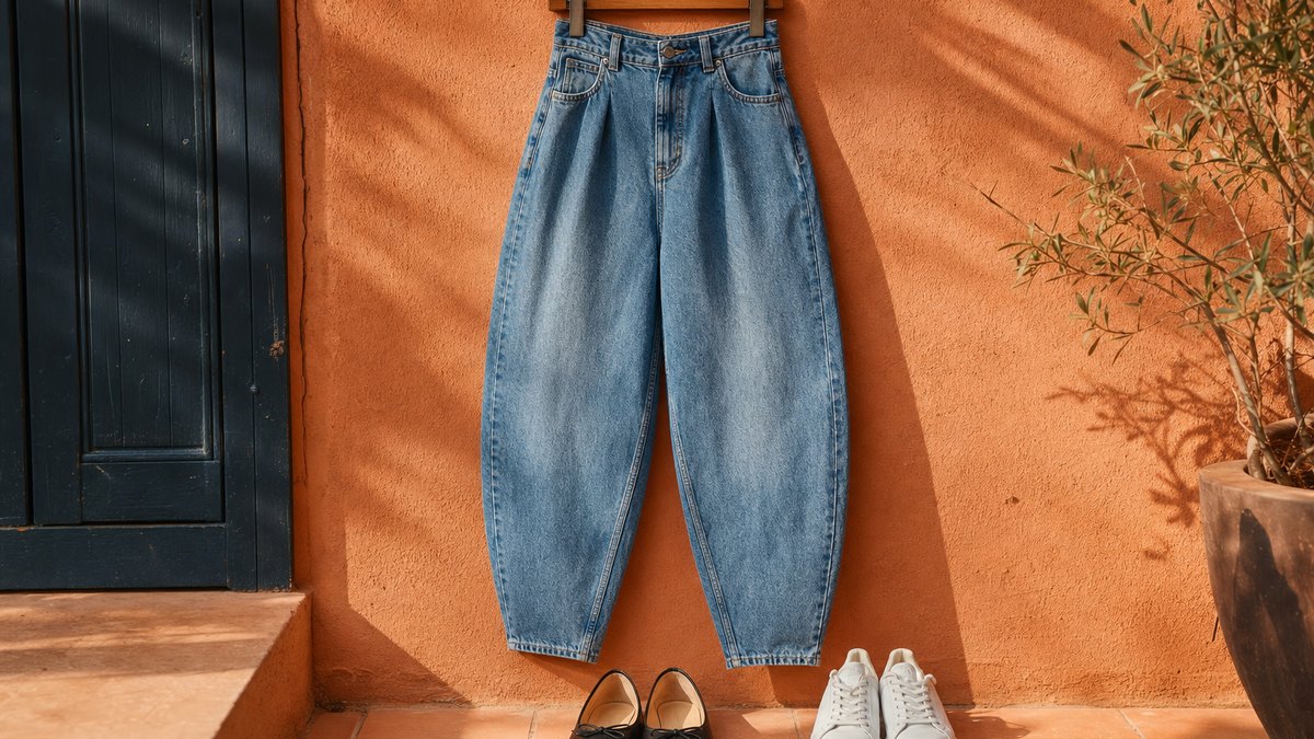 À 29,99 euros chez Naf Naf, ce jean barrel taille haute détrône le jean droit et le flare après 40 ans