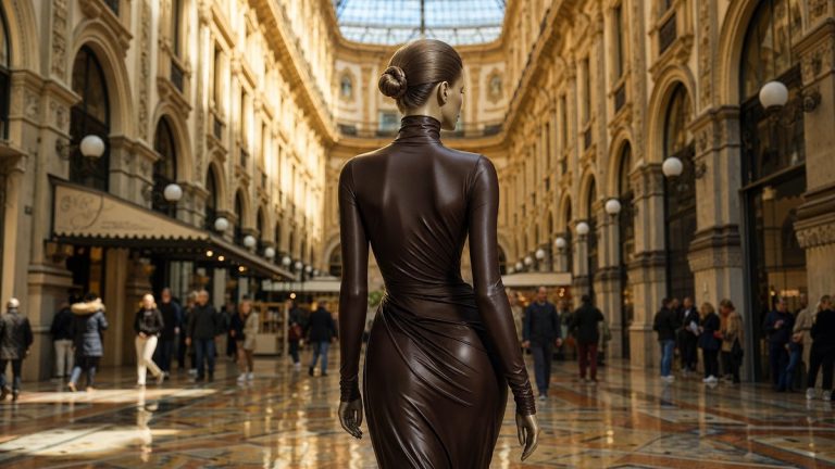 Aryna Sabalenka défile en robe-col roulé Gucci chocolat au Vogue World Milan 2026, sous la Galleria Vittorio Emanuele II