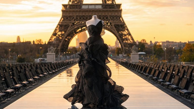 Céline Dion referme le défilé L'Oréal place Joffre dans une robe Schiaparelli noire, face à la tour Eiffel