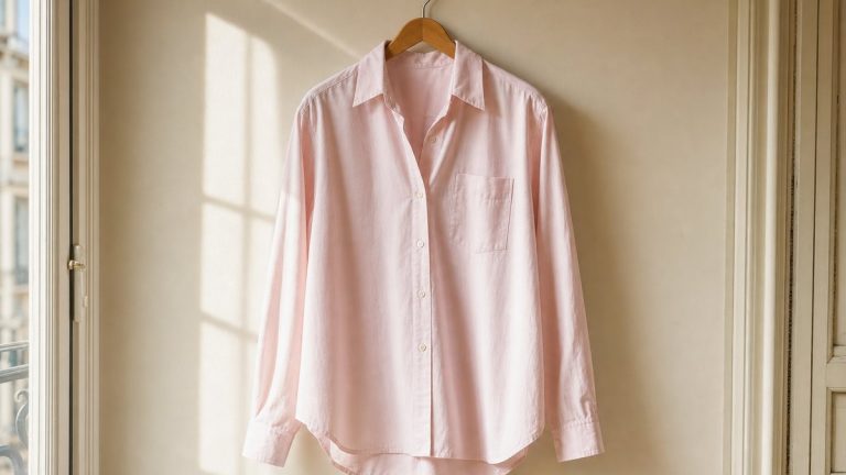 Claire Chazal remplace la chemise blanche par une chemise rose pâle, la couleur qui flatte toutes les carnations cet automne