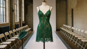En 1995, Kate Moss défile en slip dress verte pour le show étudiant de Stella McCartney à Central Saint Martins