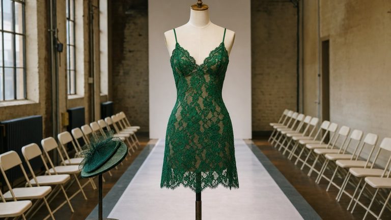 En 1995, Kate Moss défile en slip dress verte pour le show étudiant de Stella McCartney à Central Saint Martins