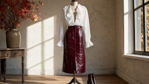 Faustine Bollaert, 47 ans, porte une jupe midi en vinyle bordeaux et lance la tendance mode de l'automne 2026