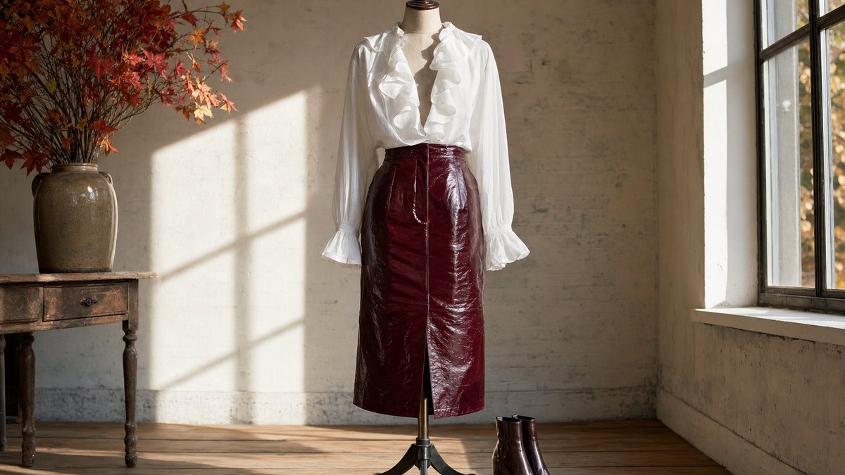 Faustine Bollaert, 47 ans, porte une jupe midi en vinyle bordeaux et lance la tendance mode de l'automne 2026