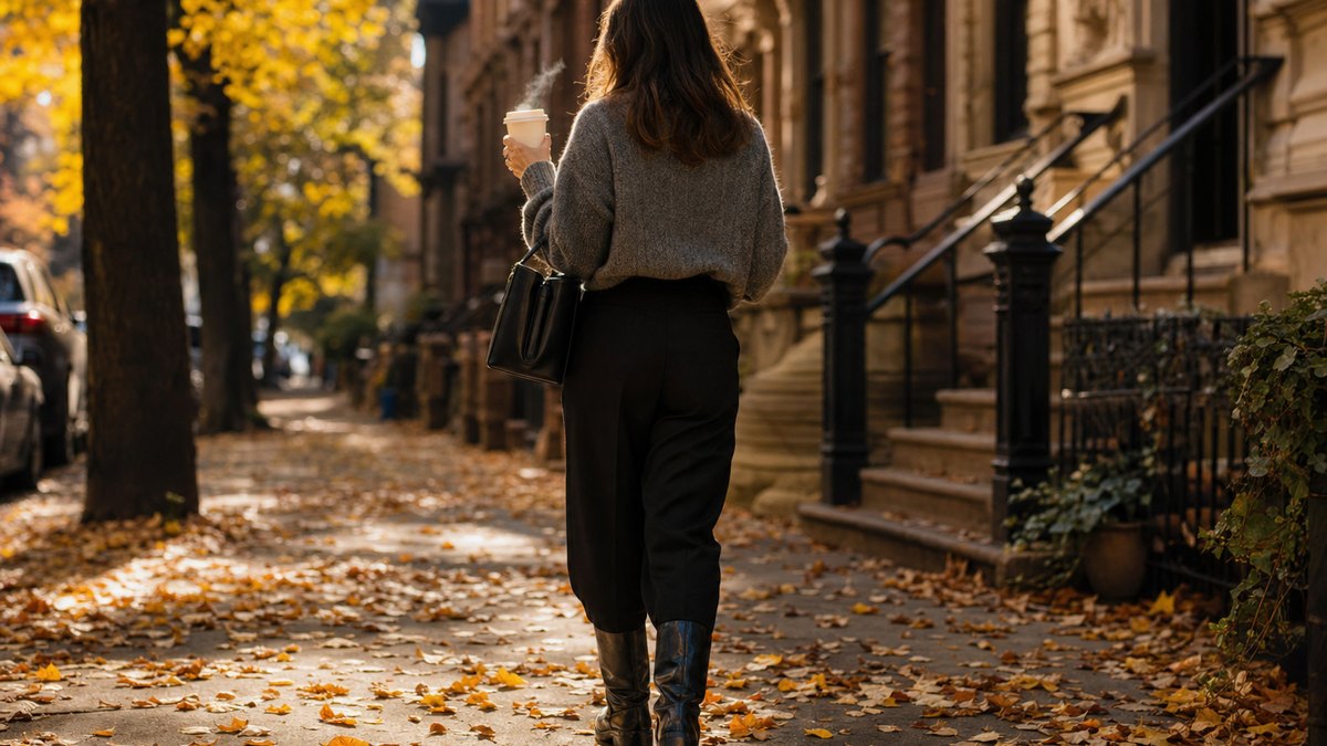 Katie Holmes lance l'automne à New York avec un pull gris chiné et des bottes hautes à bout carré