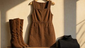 La robe chasuble en denim marron à 22 euros chez Kiabi relance une pièce des années 60 dans les dressings