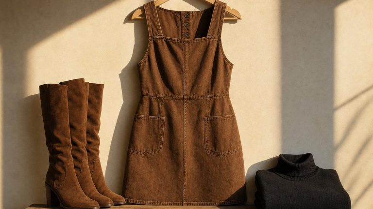 La robe chasuble en denim marron à 22 euros chez Kiabi relance une pièce des années 60 dans les dressings
