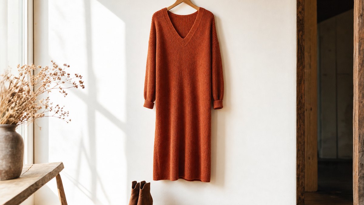 La robe pull col en V à 31,89 euros sur Amazon qui affine la silhouette et se lave en machine sans précaution