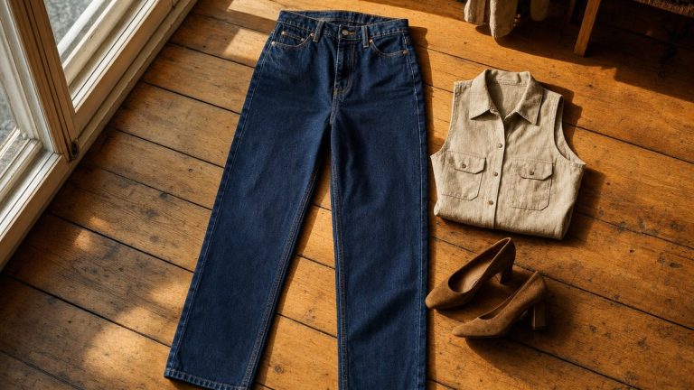 Le jean droit taille haute bleu foncé d'Anne-Élisabeth Lemoine, 56 ans, s'associe à une chemise beige rentrée dans la ceinture
