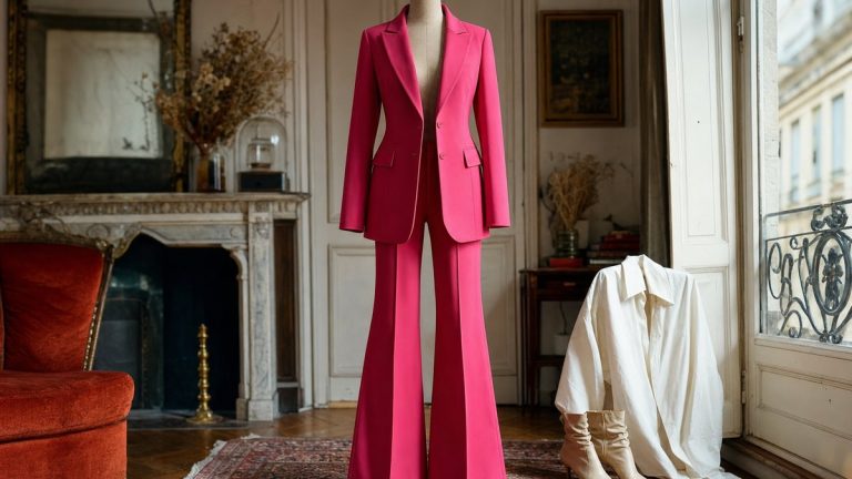 Le pantalon flare framboise d'Isabelle Ithurburu, 43 ans : la coupe seventies qui allonge la silhouette sans talons cet automne