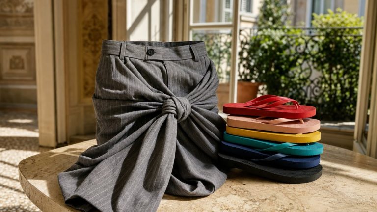 Six tongs empilées à Milan : comment MM6 Maison Margiela transforme un pantalon en jupe le 22 septembre 2026