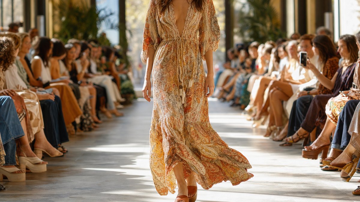 À 22 ans, Apple Martin défile pour Chloé en robe bohème et mules à plateforme en bois à Paris
