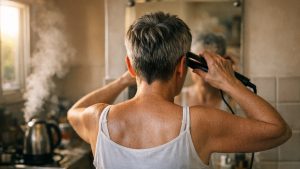 À 55 ans, elle coupe ses cheveux très court pour gagner du temps : six semaines plus tard, elle passe vingt minutes chaque matin devant le miroir