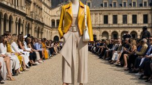Au château de Vincennes, Laetitia Casta, 48 ans, impose le pantalon asymétrique à ceinture XXL du défilé Loewe