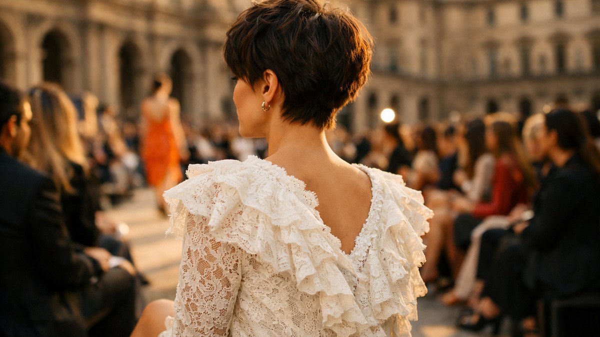 Au Louvre, le 6 octobre 2026, Zendaya a présenté une coupe pixie brune volontairement décoiffée au défilé Louis Vuitton printemps-été 2027