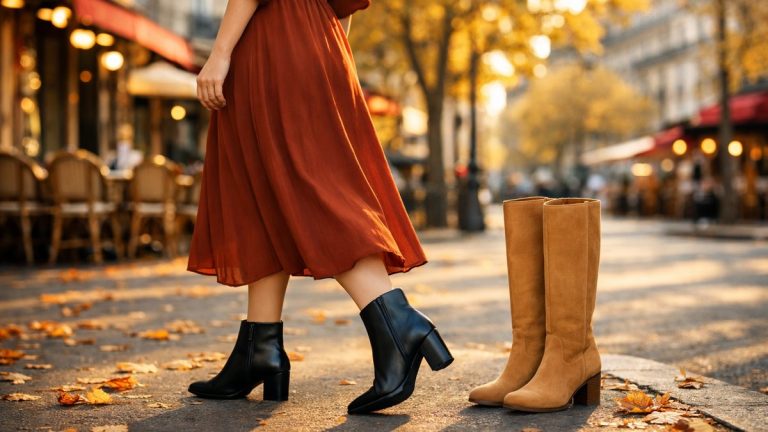 Bottes ou bottines avec une robe midi : 4 associations qui allongent la silhouette même quand on mesure 1,60 mètre
