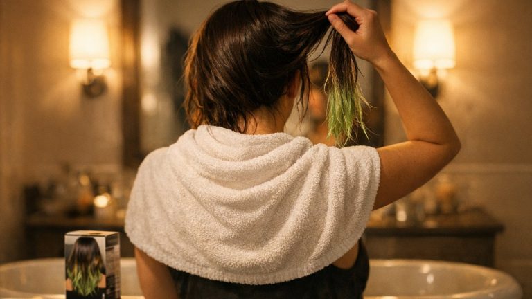 Elle applique un châtain de supermarché sur ses mèches blondes : au rinçage, ses longueurs ont pris un reflet vert kaki sous la lampe