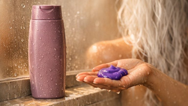 Elle arrête la coloration à 58 ans et adopte le shampooing violet chaque matin : un mois plus tard, ses cheveux blancs virent au lilas terne