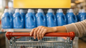 Elle attend chaque mois le un acheté, un offert sur sa lessive : au rayon, l'affiche annonce désormais trois bidons pour le prix de deux