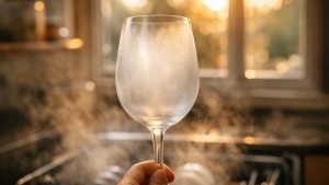 Elle change trois fois de marque de pastilles pour ses verres voilés : le dépôt blanc s'épaissit à chaque lavage, verre après verre