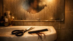 Elle coupe sa frange cheveux mouillés un dimanche soir à Bordeaux : le lendemain matin, une fois sèche, elle s'arrête au milieu du front