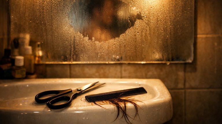 Elle coupe sa frange cheveux mouillés un dimanche soir à Bordeaux : le lendemain matin, une fois sèche, elle s'arrête au milieu du front
