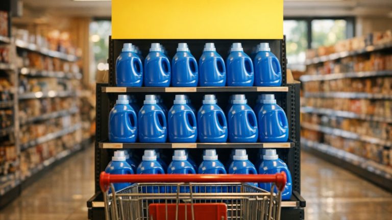 Elle glisse trois bidons de lessive en promotion dans son chariot : à la caisse, sa fille lui montre le prix au litre du rayon voisin