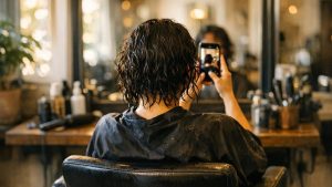 Elle montre une photo de carré à sa coiffeuse un samedi matin : une fois secs, ses cheveux s'arrêtent six centimètres au-dessus du menton