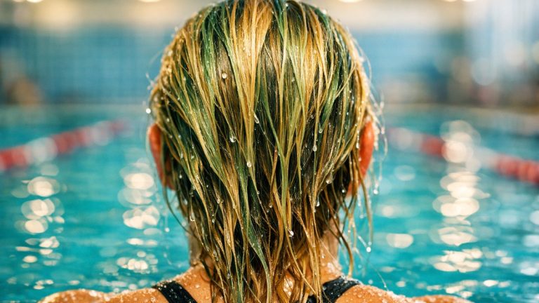 Elle nage trois fois par semaine à la piscine de Rouen : en octobre, ses mèches blondes prennent un reflet vert sous la lampe