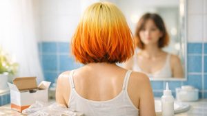 Elle passe du châtain au blond dans sa salle de bains à Lille : ses racines sortent jaune clair, ses longueurs virent au carotte