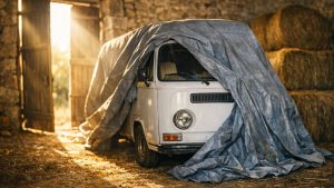 Elle range son camping-car dans une grange du Cantal pour l'hiver : en mars, une flaque s'étale sous le lit arrière dès le premier remplissage