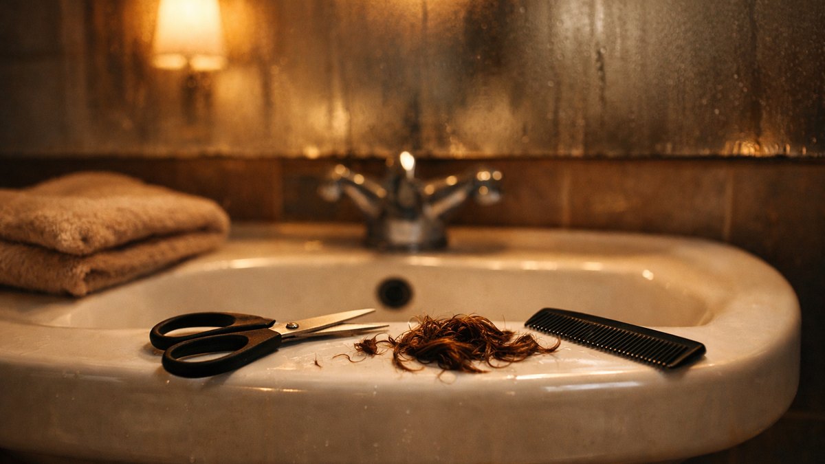 Elle recoupe sa frange elle-même un dimanche soir dans sa salle de bains : une fois sèche, la mèche s'arrête deux centimètres trop haut