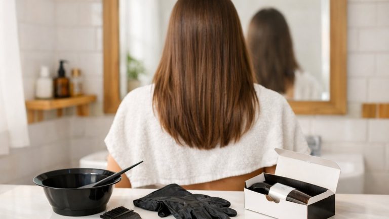 Elle refait sa coloration dans sa salle de bains quatre jours après un lissage brésilien : la teinte châtain ressort terne et presque invisible sur ses longueurs