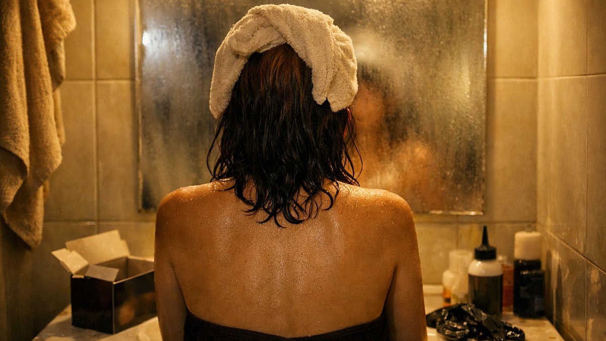Elle refait sa couleur châtain en boîte dans sa salle de bains, comme chaque mois : cette fois, ses pointes ressortent presque noires sous la lumière