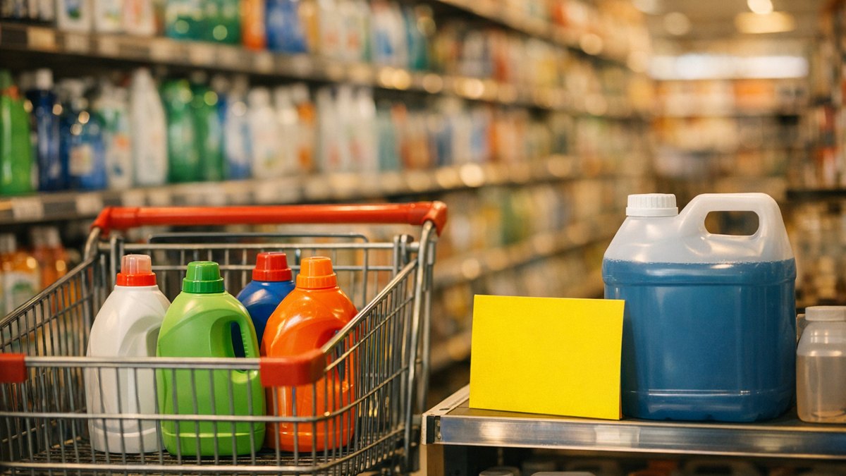 Elle remplit son caddie de lessive en promotion à Orléans : à la maison, le gros bidon du rayon revenait moins cher au litre