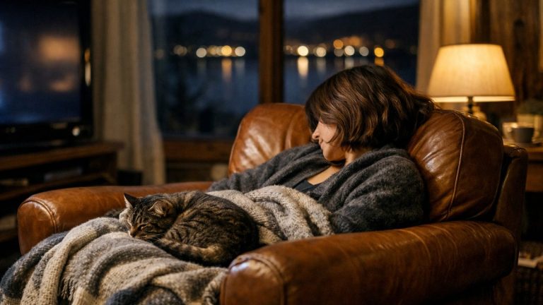 Elle s'endort chaque soir devant le film près d'Annecy : une fois au lit à minuit, elle fixe le plafond jusqu'à deux heures
