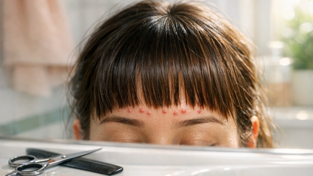 Elle se coupe une frange un dimanche soir de septembre : un mois plus tard, de petits boutons alignés sous la mèche sur son front
