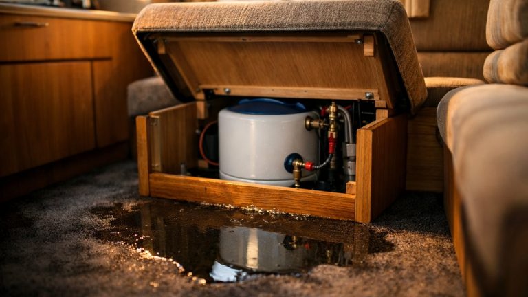 Elle vide le réservoir de son camping-car avant l'hiver près de Clermont : en mars, de l'eau coule sous la banquette arrière