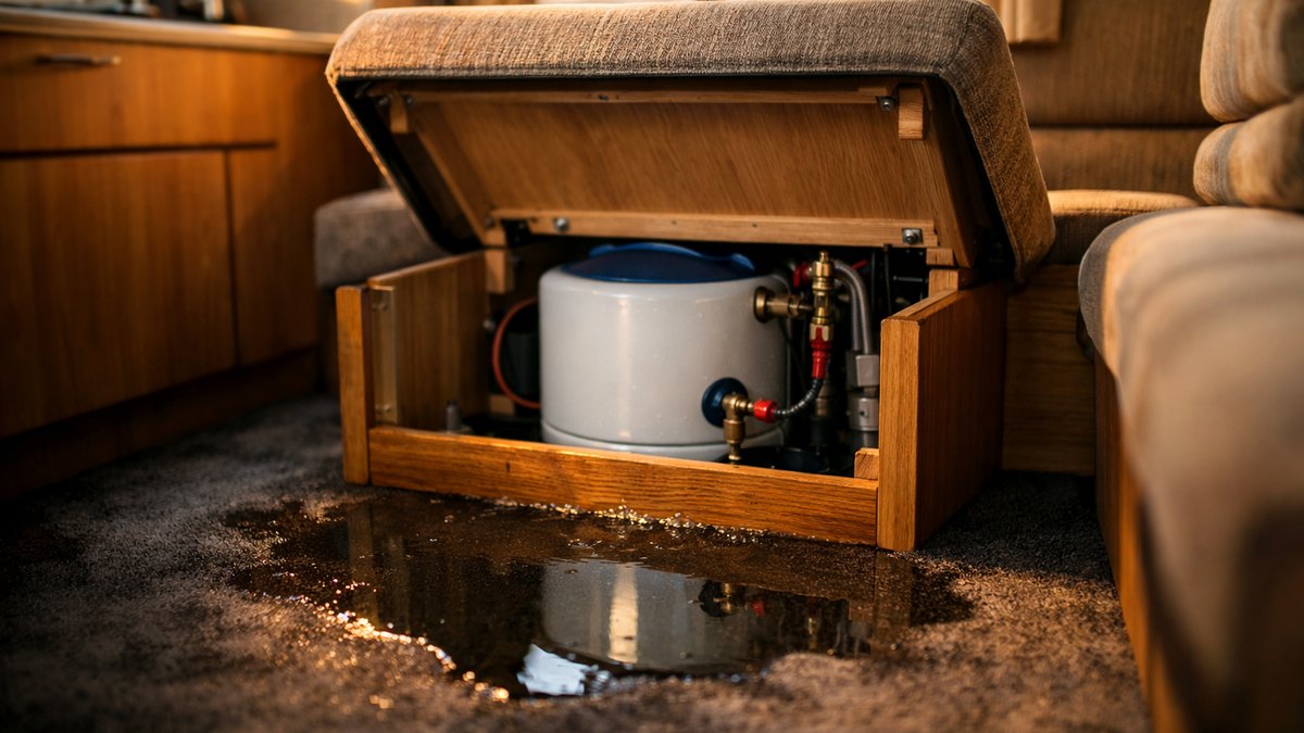 Elle vide le réservoir de son camping-car avant l'hiver près de Clermont : en mars, de l'eau coule sous la banquette arrière