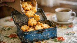 Elle vide son paquet de sablés habituel dans la vieille boîte en fer : il manque trois biscuits, le prix n'a pas bougé d'un centime