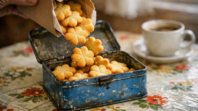 Elle vide son paquet de sablés habituel dans la vieille boîte en fer : il manque trois biscuits, le prix n'a pas bougé d'un centime