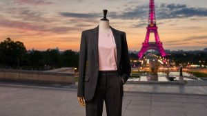 Évelyne Dhéliat, 78 ans, choisit un blazer noir et un tee-shirt rose au pied de la Tour Eiffel pour Octobre Rose