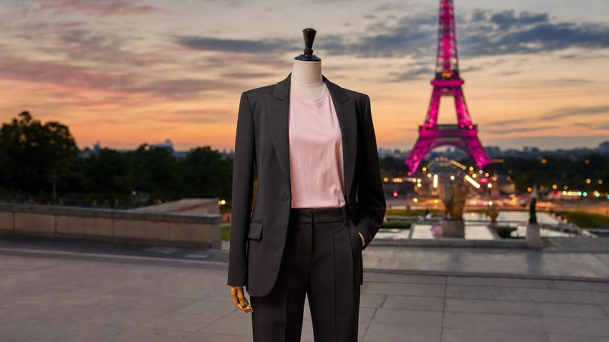 Évelyne Dhéliat, 78 ans, choisit un blazer noir et un tee-shirt rose au pied de la Tour Eiffel pour Octobre Rose
