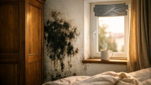 Il bouche les entrées d'air de sa maison neuve près de Rennes : en novembre, une moisissure noire tapisse le mur derrière l'armoire