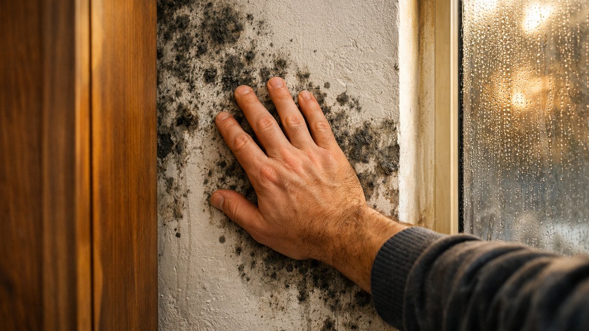 Il bouche les entrées d'air de ses fenêtres neuves à Rouen : en décembre, des taches noires couvrent le mur derrière l'armoire de la chambre