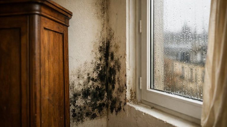 Il bouche les entrées d'air de ses fenêtres neuves à Rouen : en novembre, des taches noires couvrent le mur derrière l'armoire de la chambre