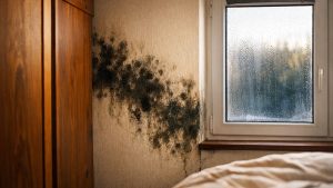 Il bouche les grilles de ses fenêtres neuves à Rouen pour garder la chaleur : en novembre, une tache noire grandit derrière l'armoire de la chambre