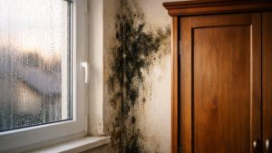 Il bouche les grilles de ses fenêtres neuves pour garder la chaleur à Rouen : en novembre, des taches noires montent dans les angles de la chambre