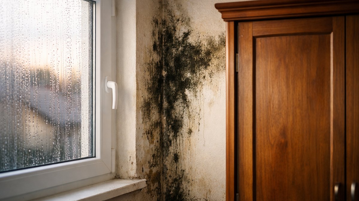 Il bouche les grilles de ses fenêtres neuves pour garder la chaleur à Rouen : en novembre, des taches noires montent dans les angles de la chambre