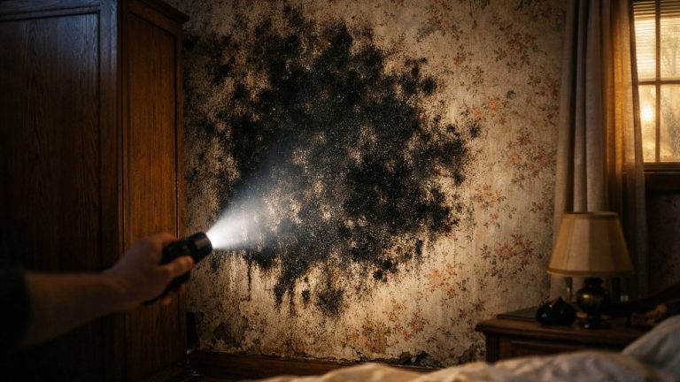 Il bouche les grilles de ses fenêtres neuves pour garder la chaleur : en novembre, une tache noire grandit derrière l'armoire de la chambre